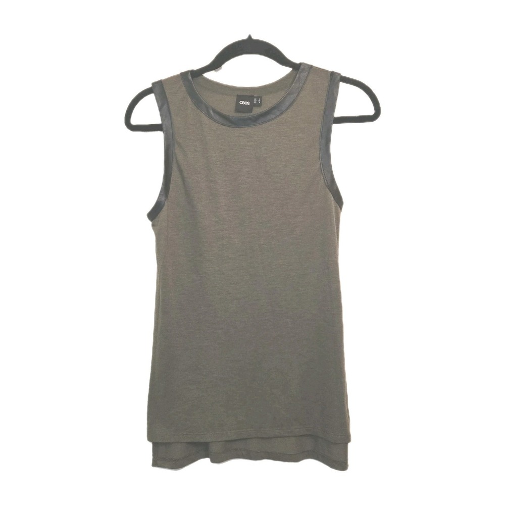 ASOS Womens Olive Green Faux Leather Trim Sleeveless High Low Tank Top Size 4